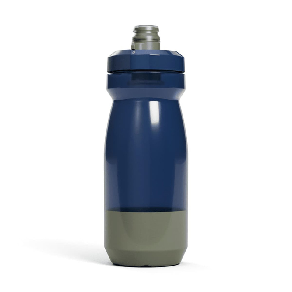 A drink bottle in navy blue and olive green with a screw top and logo.
