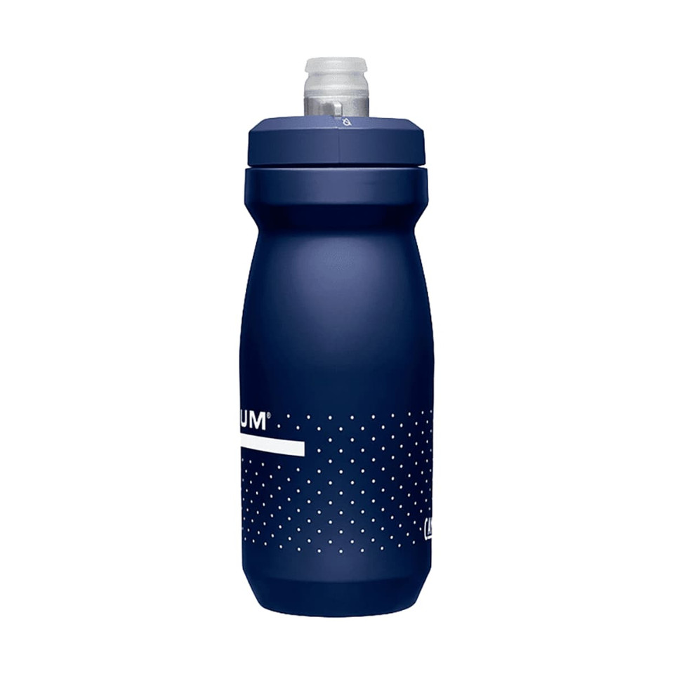 A drink bottle in navy blue with a textured design and a removable spout. It features a logo on the side.