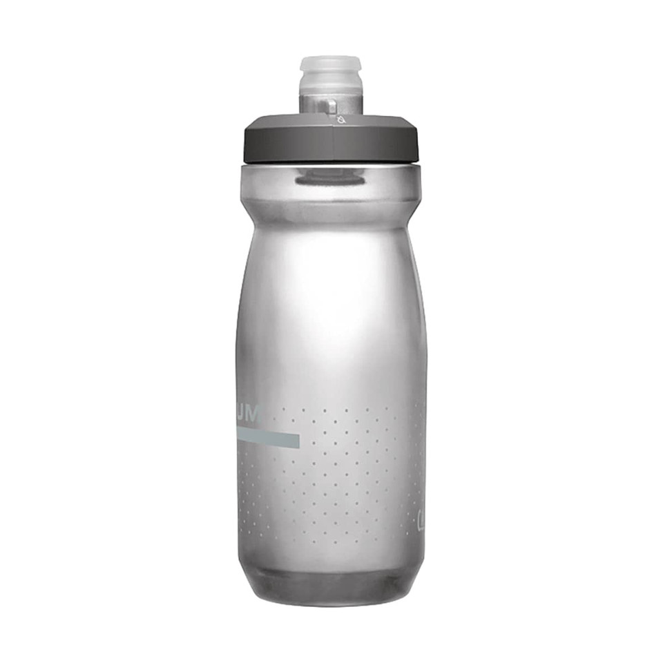 A drink bottle in clear plastic with a grey cap and nozzle, featuring a dotted design and a branding logo.
