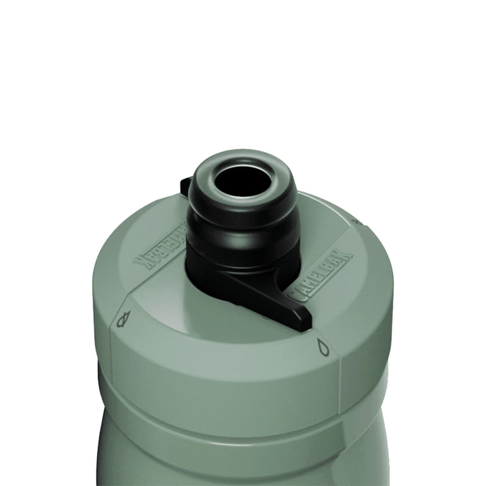 A drink bottle in muted green with a black top and a features an attached spout. It has a logo.