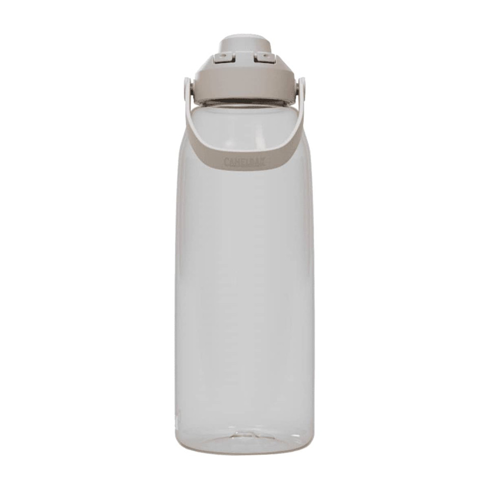 A drink bottle featuring a clear design with a beige lid and handle, designed for easy hydration.