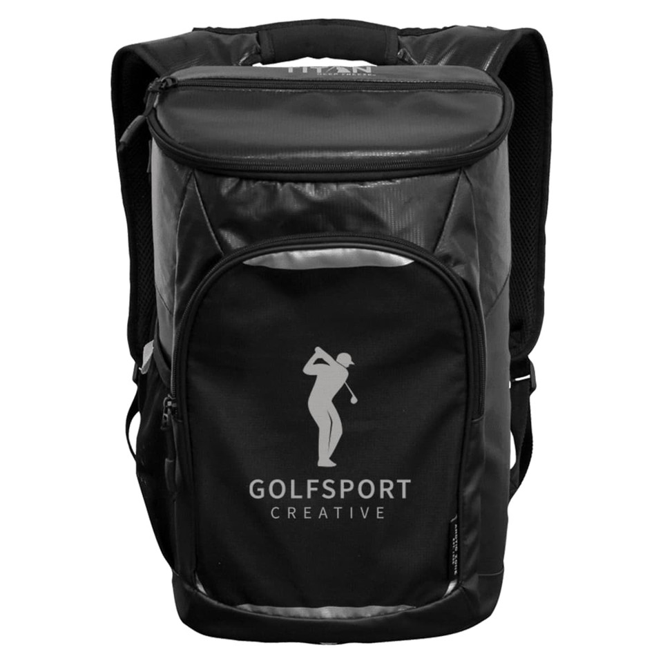 A black backpack cooler with a large insulated compartment and a front pocket, featuring a logo.