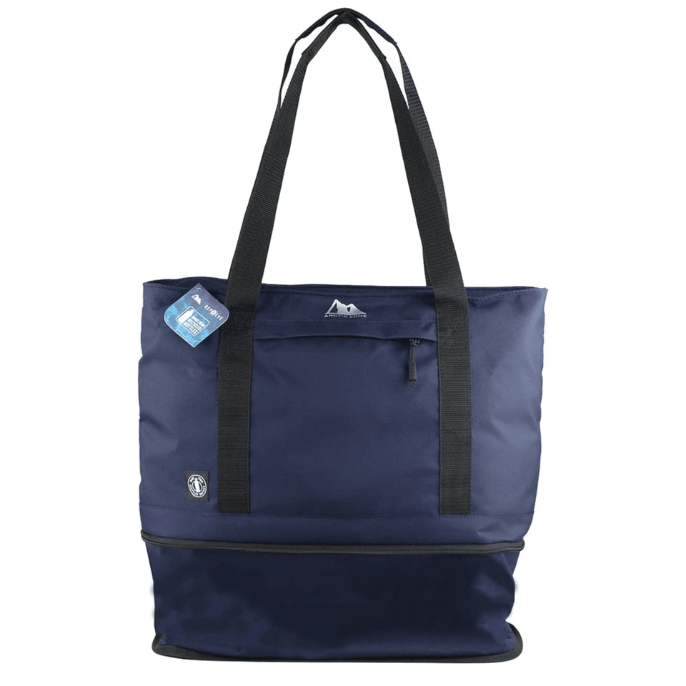 A navy blue cooler bag with black straps and a front pocket. It features a logo and a tag attached.