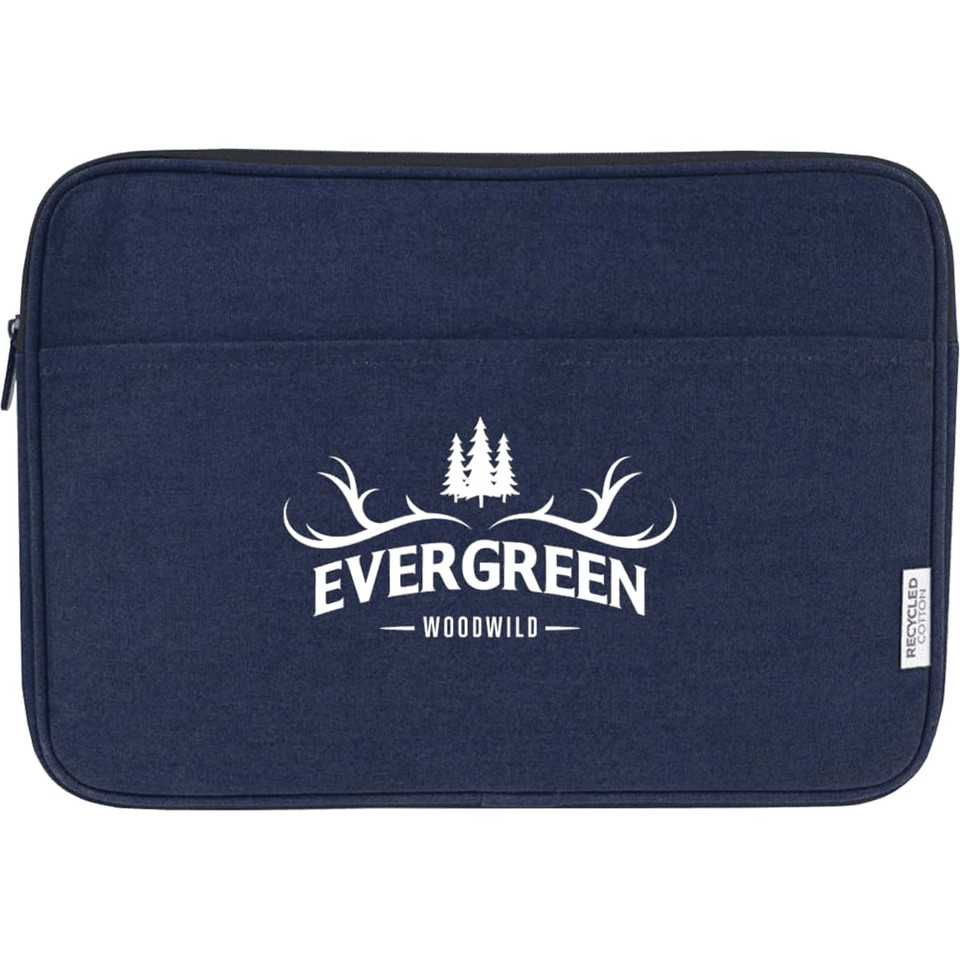 A navy laptop sleeve with a front logo and a zipper closure, designed for 16-inch laptops.