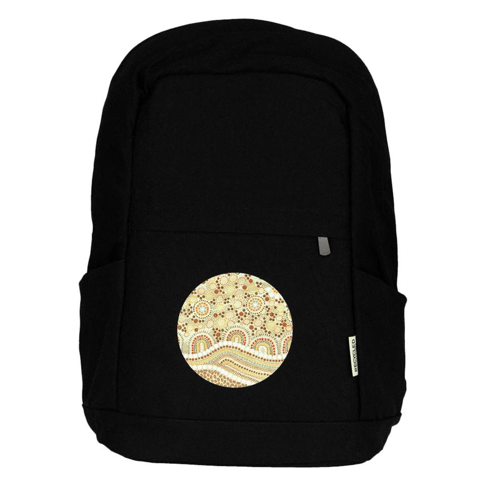 A black laptop backpack featuring a circular design with intricate patterns. It has side pockets and a logo.