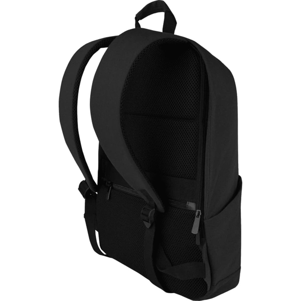 A black recycled canvas laptop backpack featuring padded straps and multiple pockets. Includes a logo on the exterior.
