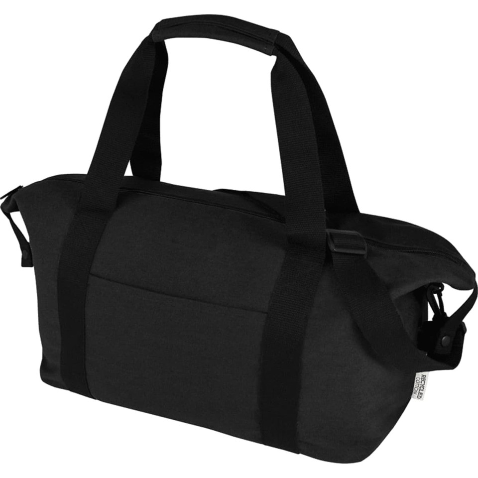 A black recycled canvas sports bag with dual handles and a shoulder strap, featuring a zip closure and a logo.