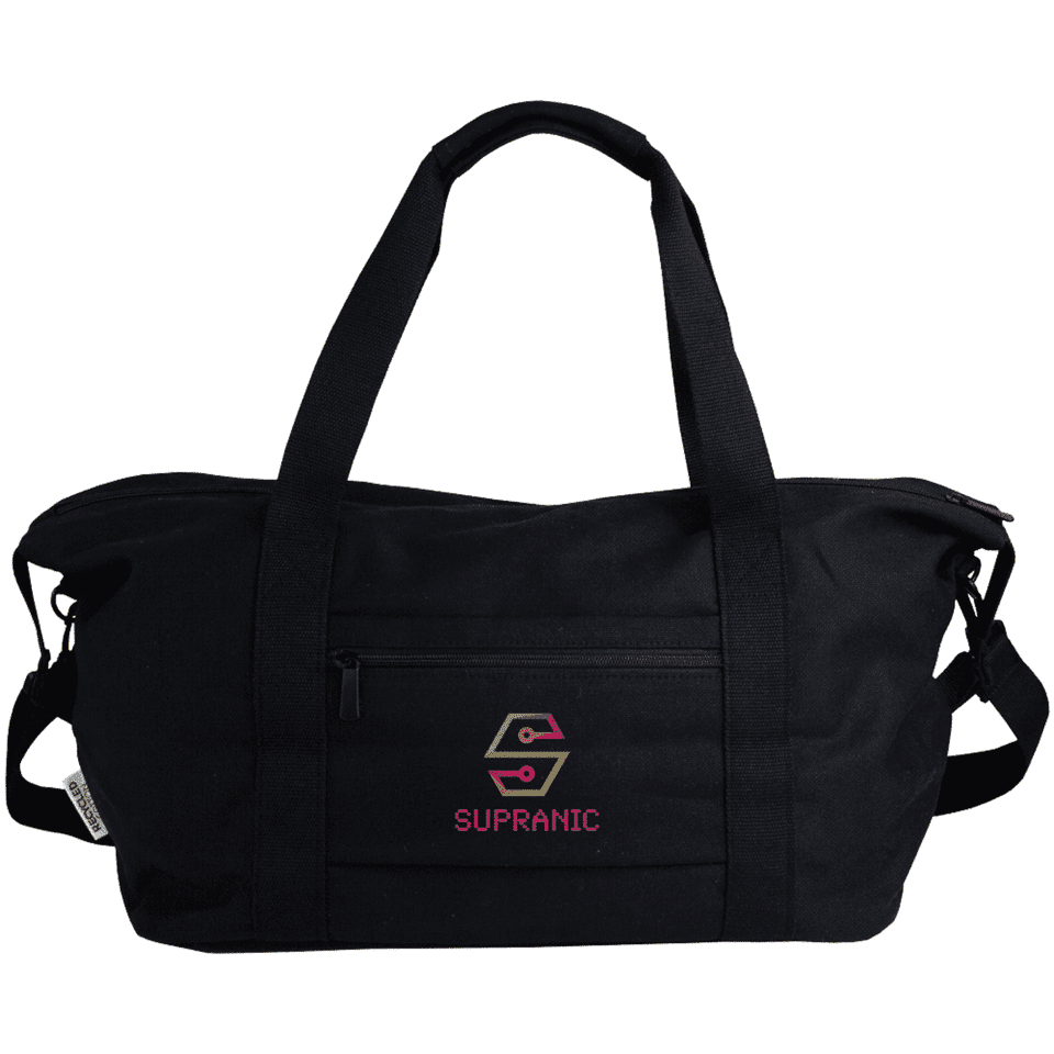 A black duffle bag with sturdy handles, features a front pocket and has a logo on the side. Ideal for sports or travel.
