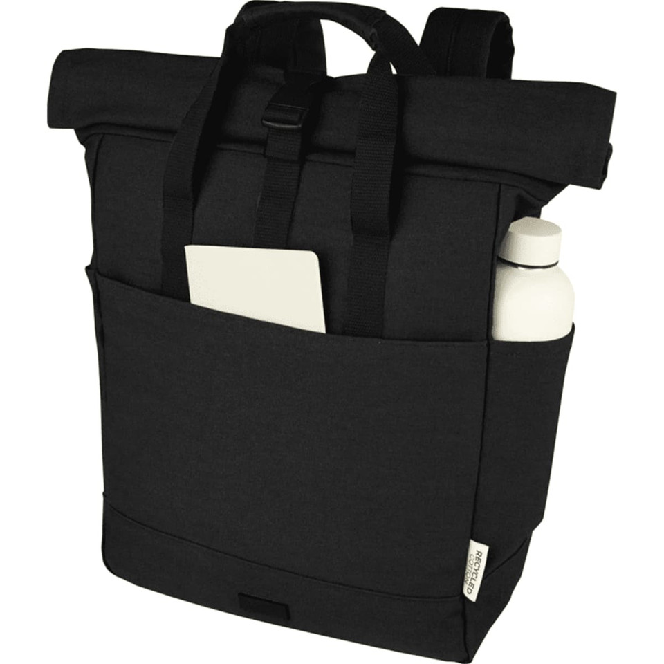 A black recycled canvas backpack tote featuring adjustable straps, a front pocket, and a side pocket for a drink bottle.