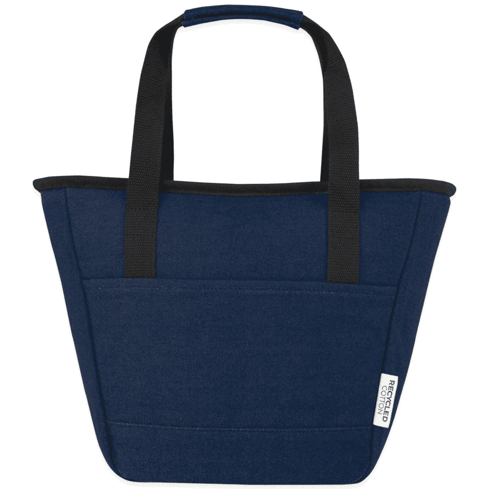 A navy blue cooler tote bag with black handles and a side pocket, featuring a logo.