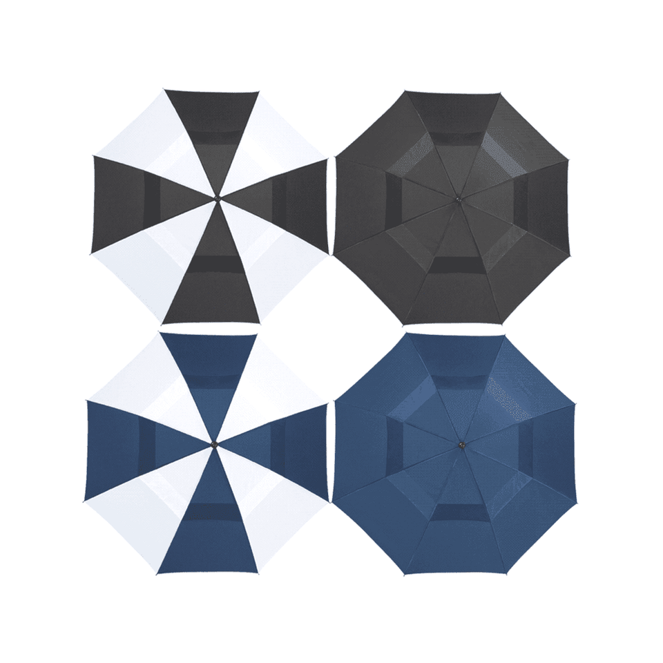 A collection of four golf umbrellas in black, navy blue, and white, featuring a logo on each umbrella.