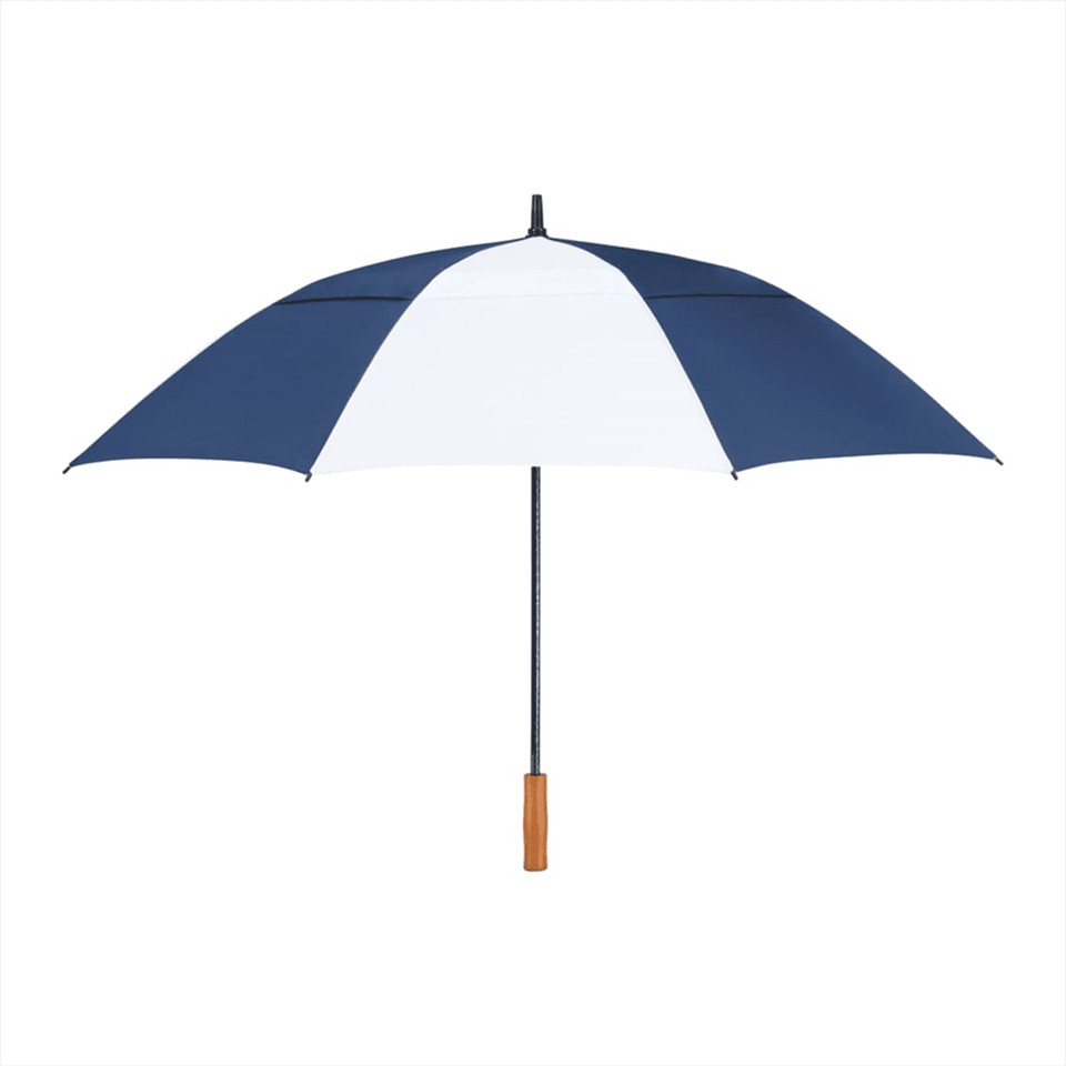 A recycled golf umbrella with a navy blue and white canopy, featuring a wooden handle and a logo.