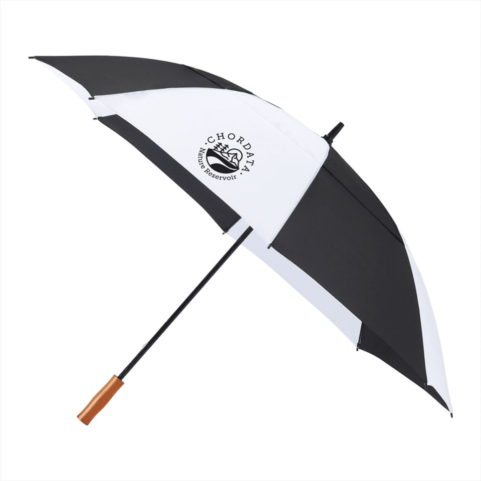 A black and white recycled golf umbrella with a wooden handle and a logo on one panel.