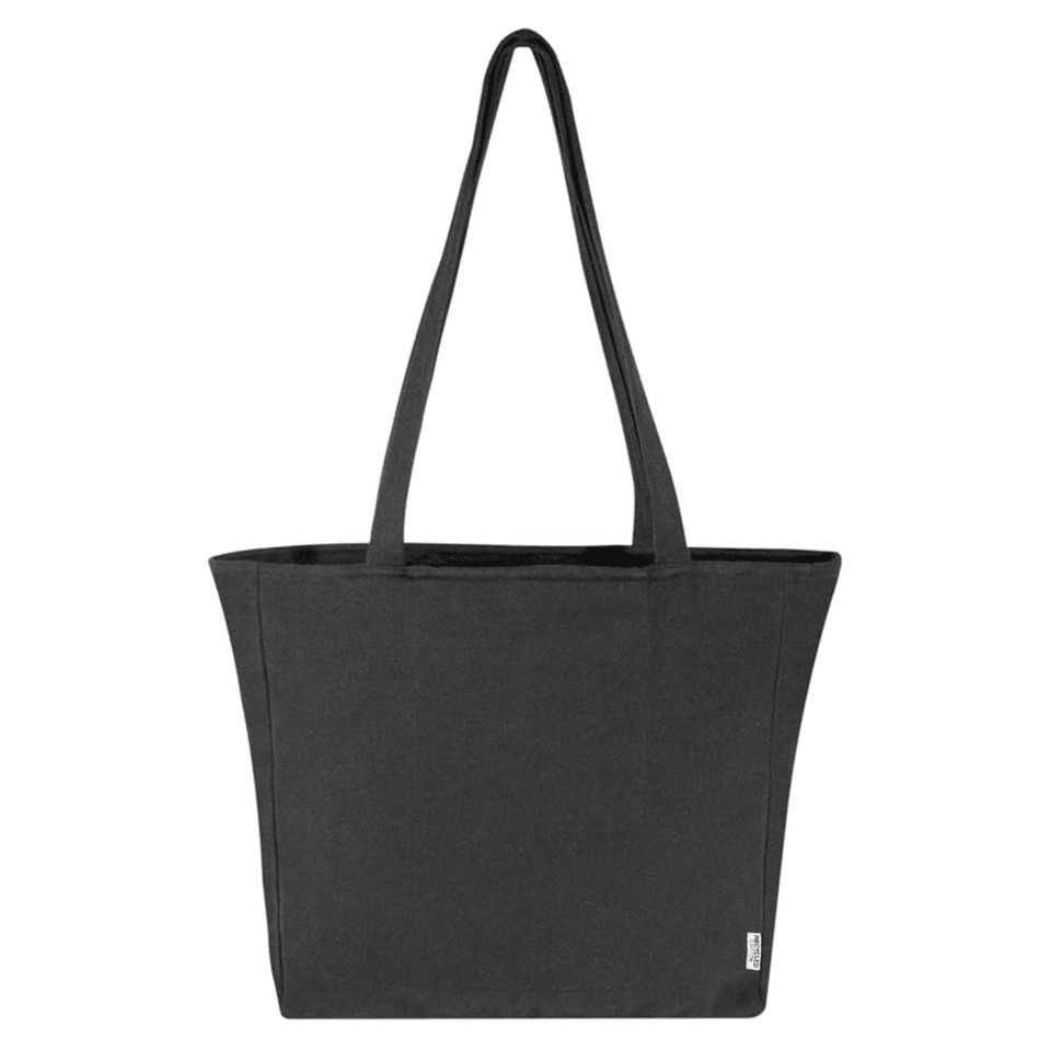 A black recycled zip tote bag with two sturdy handles and a simple design. Features a logo on the side.