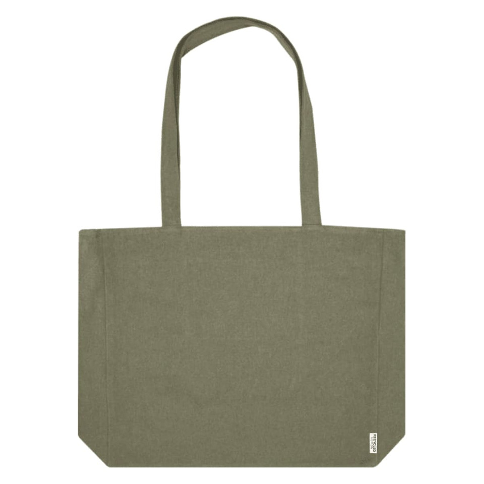 A green recycled zip tote bag with long handles and a brand logo on the side.