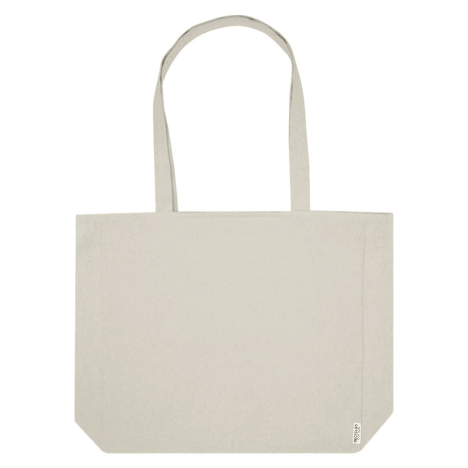 A light grey recycled zip tote bag with long straps and a simple design. It features branding on one side.