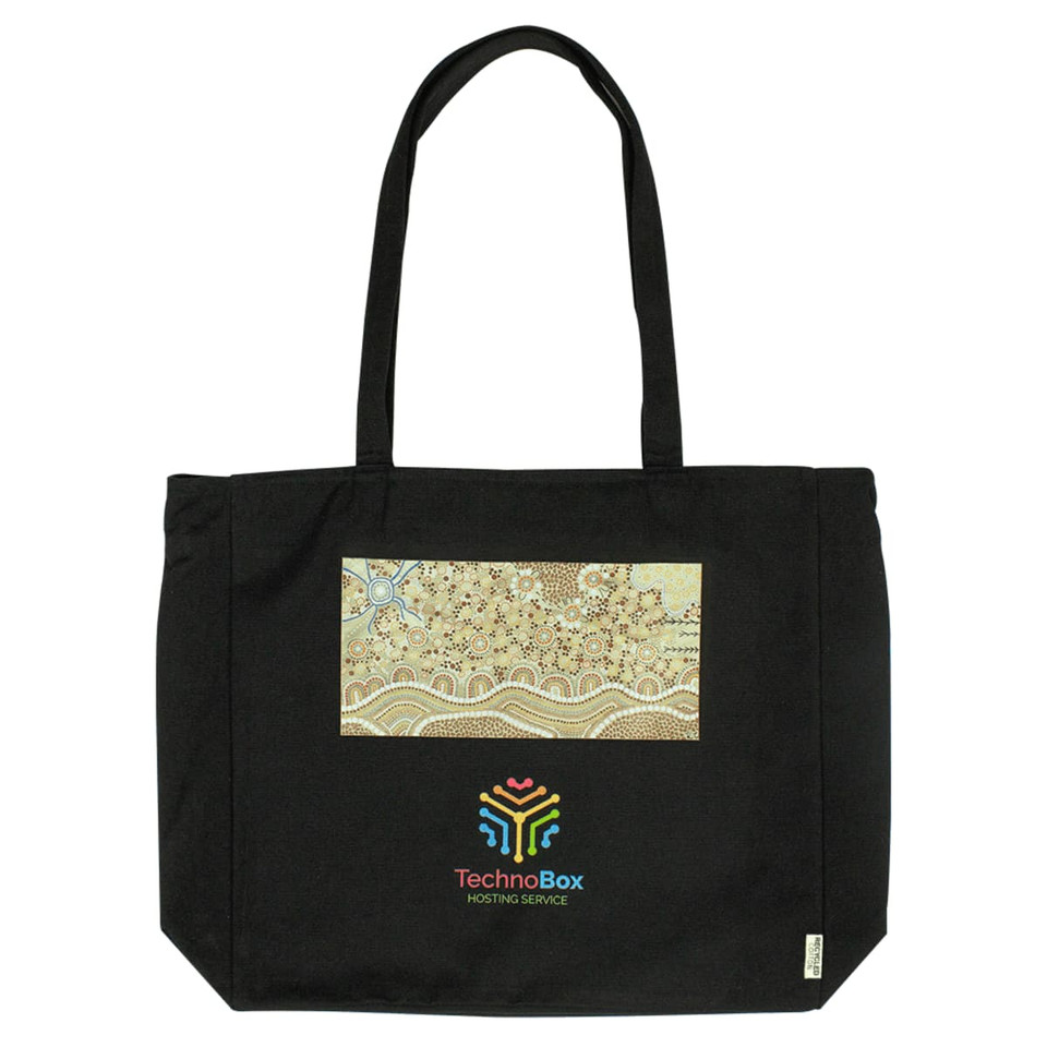 A black tote bag featuring a patterned design and a logo on the front. It has two sturdy handles.