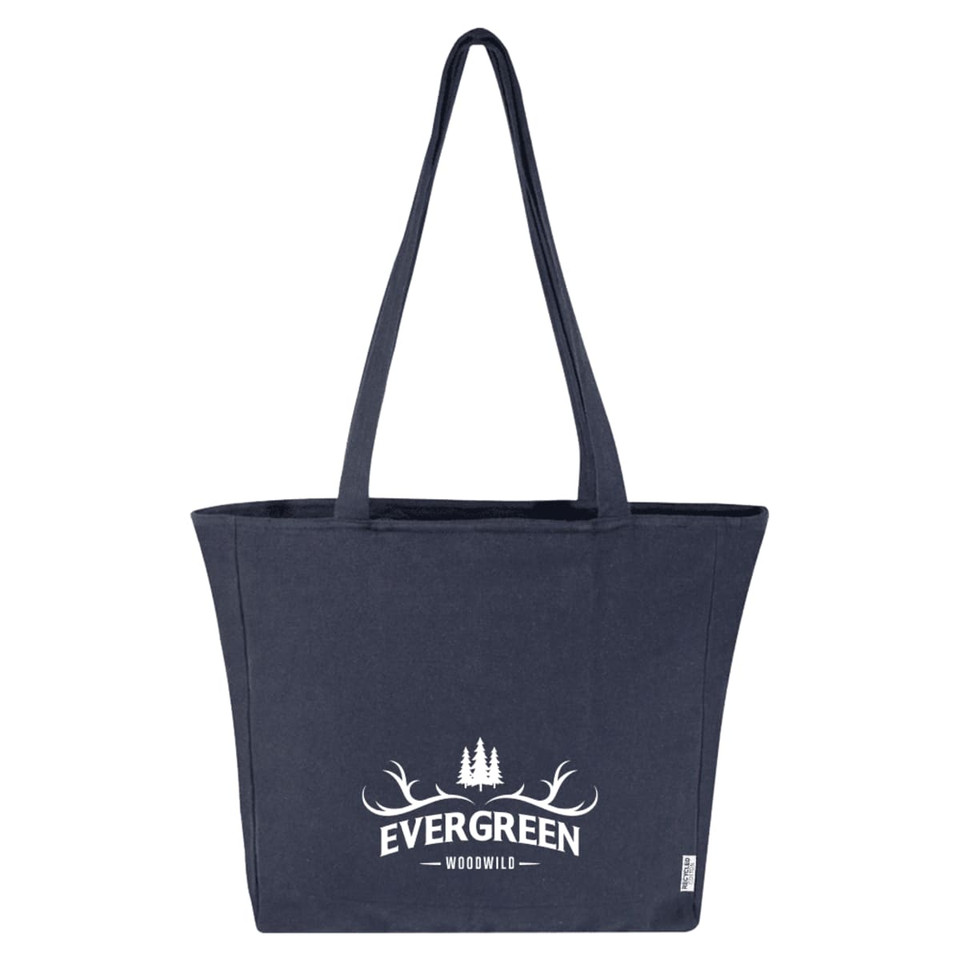 A navy tote bag featuring a logo and a stylish design with antlers and trees.