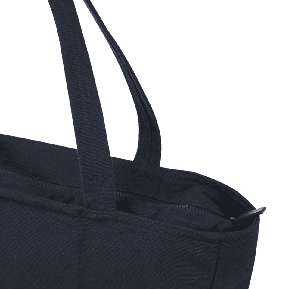 A black recycled zip tote bag with sturdy handles and a zip closure at the top. It features a logo.