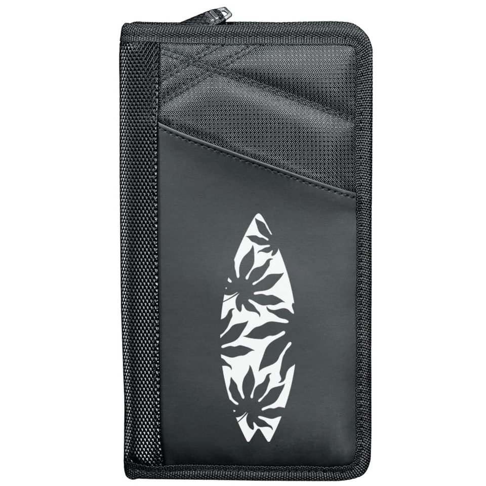 A black travel wallet with a textured surface and a decorative surfboard design, featuring a logo.