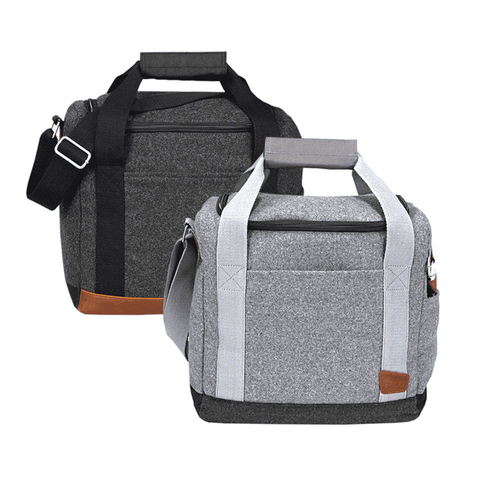 A drink bottle cooler bag featuring a sleek grey design with leather accents and adjustable straps. It has a logo.