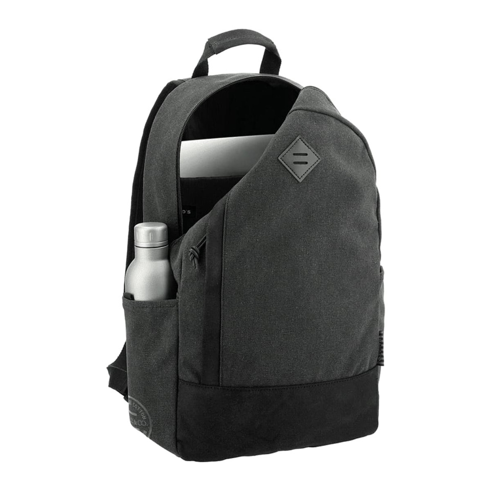 A dark grey and black laptop backpack featuring a side pocket for a drink bottle and an opening for a laptop.