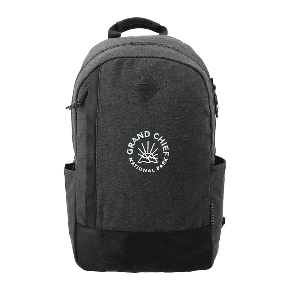 A black backpack with a large front pocket and a logo, featuring multiple compartments for organisation.