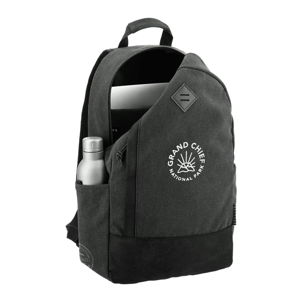 A grey laptop backpack with a pocket for a drink bottle and a logo on the front. Suitable for carrying laptops up to 15 inches.