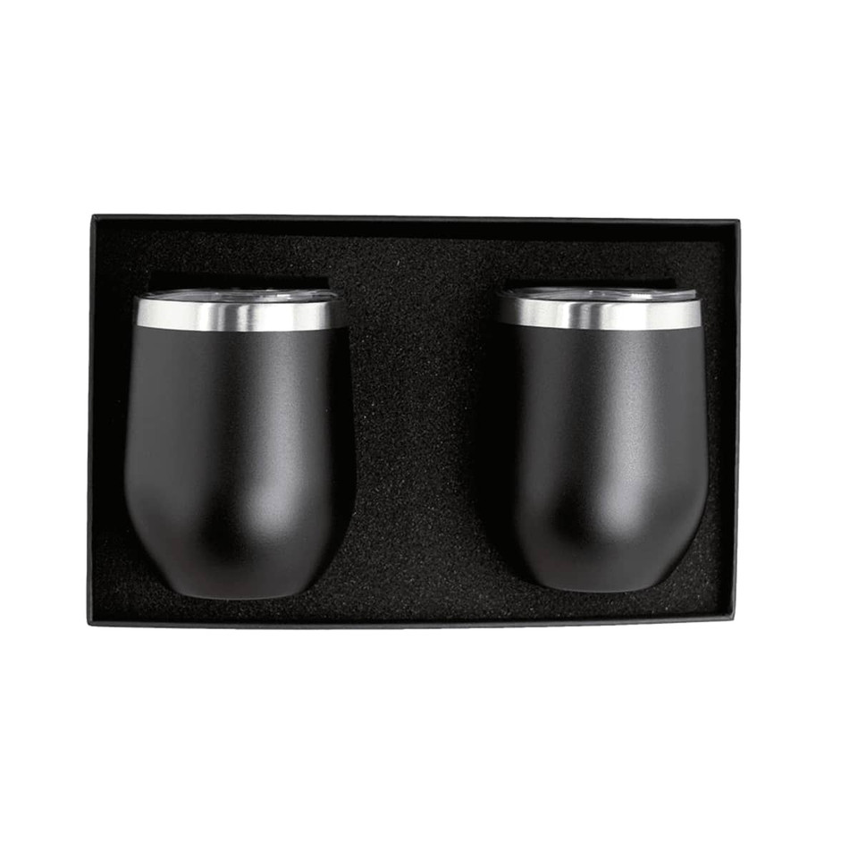 A gift set of two black insulated coffee mugs with silver accents, presented in a black box.