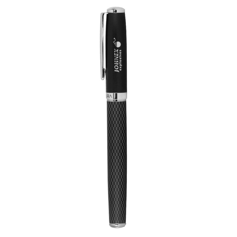 A black ballpoint pen with a textured grip and a chrome accent, featuring a logo on the barrel.