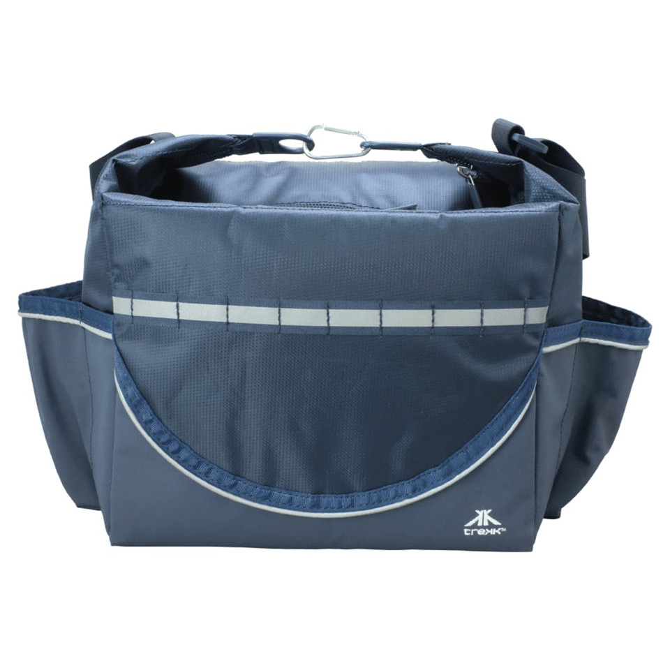 A grey cooler bag with a flap, featuring side pockets and a logo. It has a sturdy handle and adjustable strap.