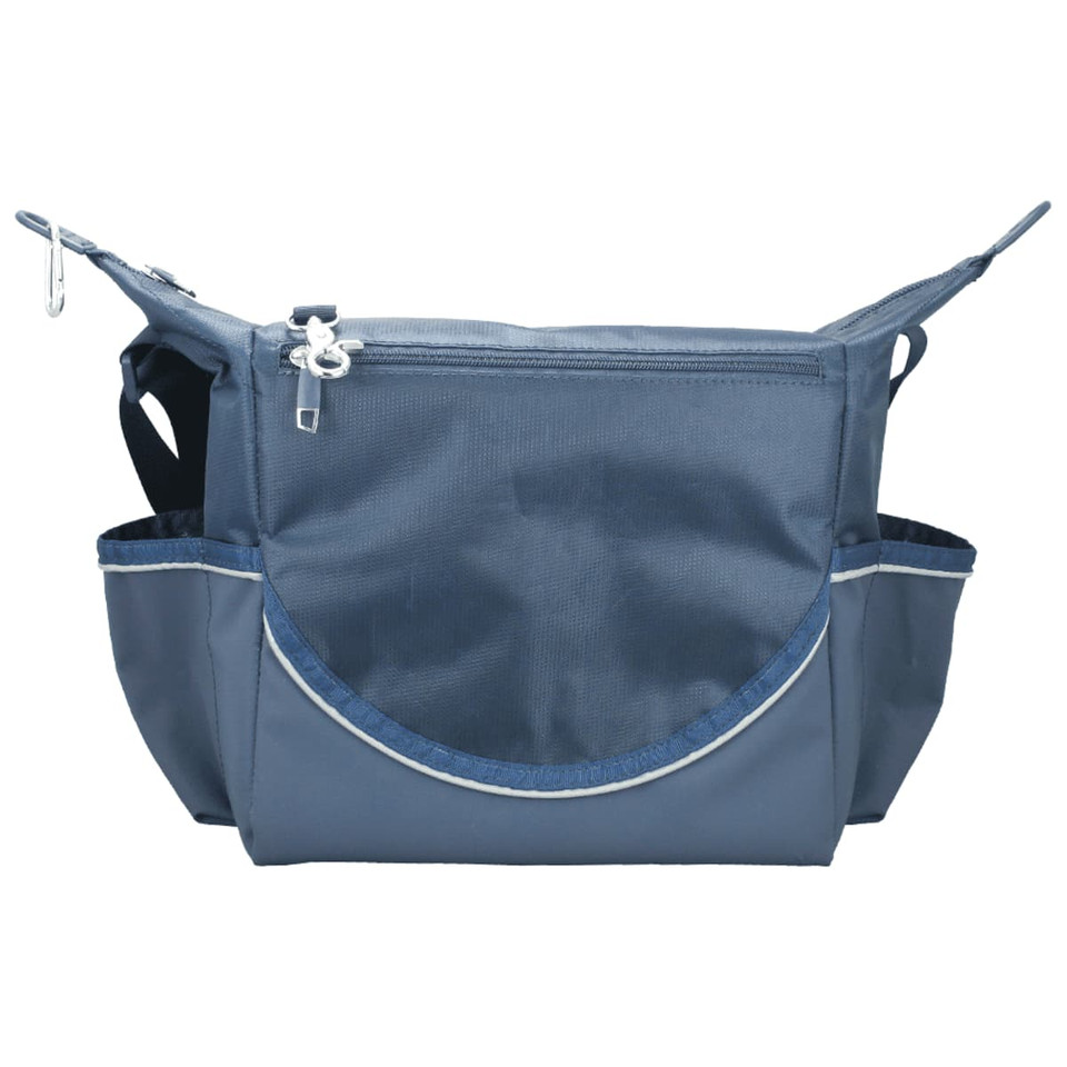 A dark blue cooler bag with multiple pockets and a zipper compartment, featuring a small logo.