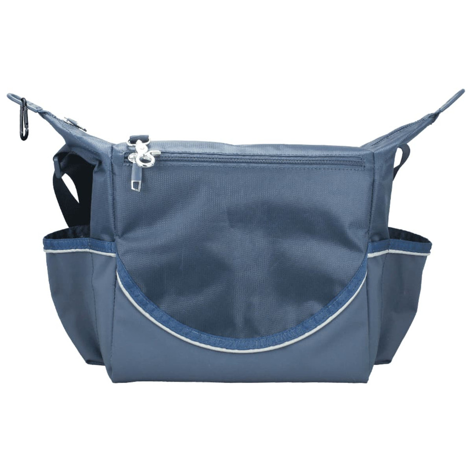 A blue cooler bag with multiple pockets and a zipper, featuring a logo on the front.
