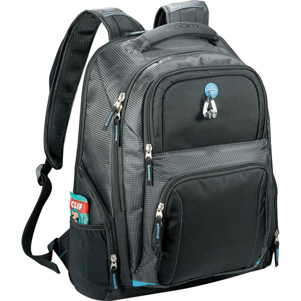 A black and grey laptop backpack with multiple pockets, padded straps, and a logo on the front.