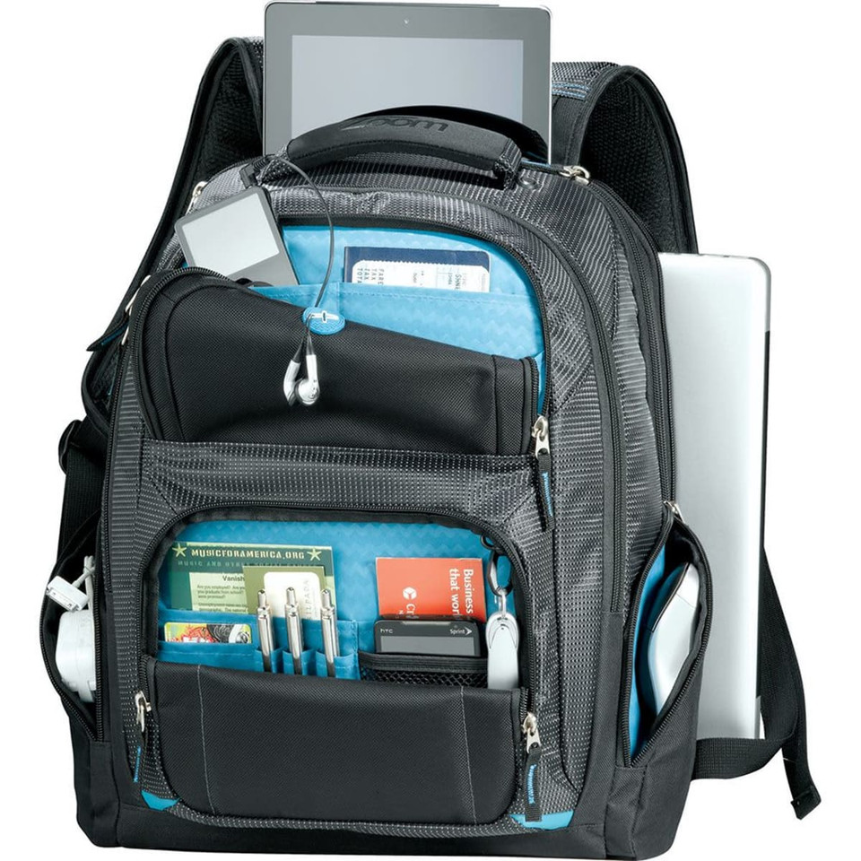 A black and blue checkpoint-friendly backpack with multiple pockets, a laptop compartment, and various accessories.