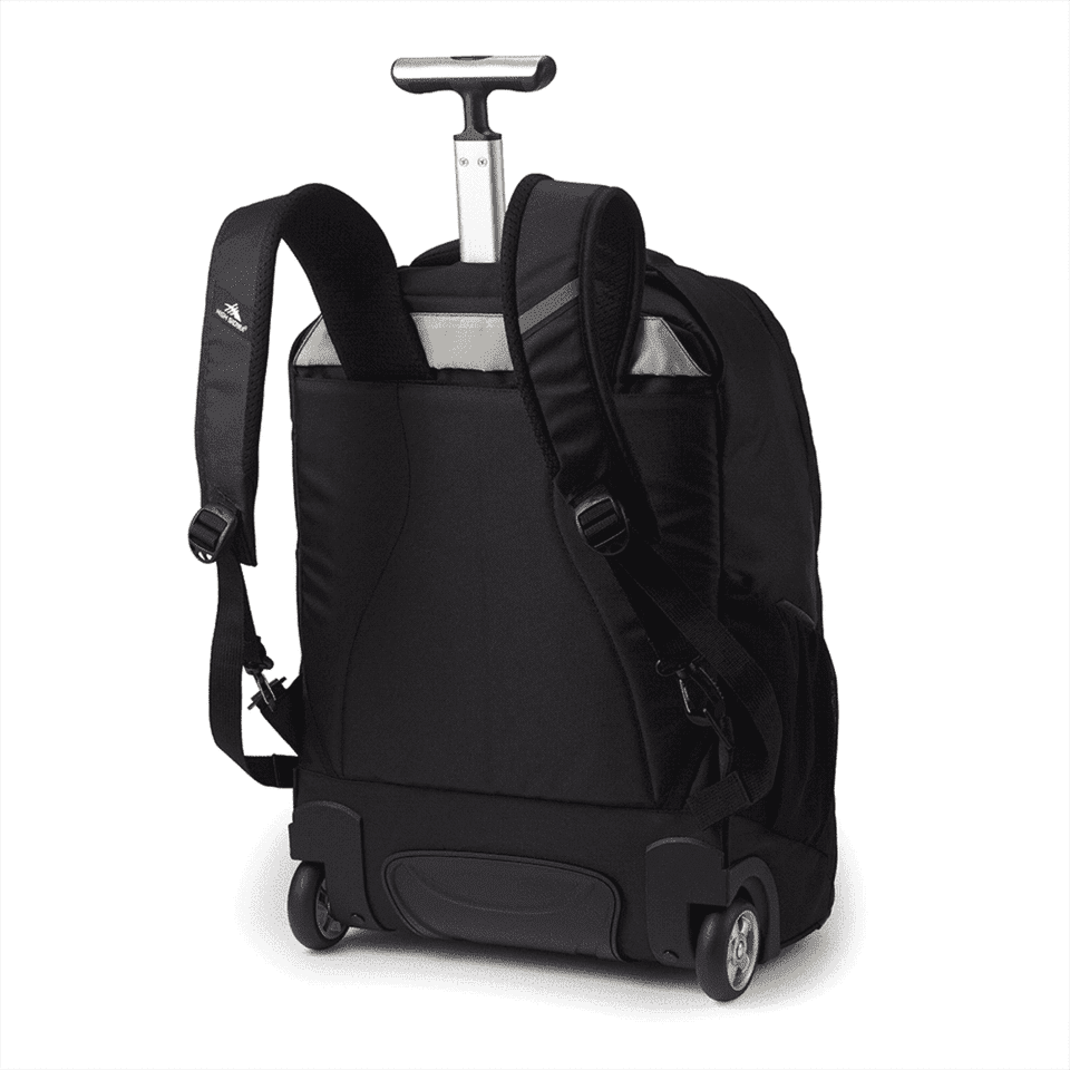A black wheeled backpack with shoulder straps and a telescopic handle, featuring a logo.