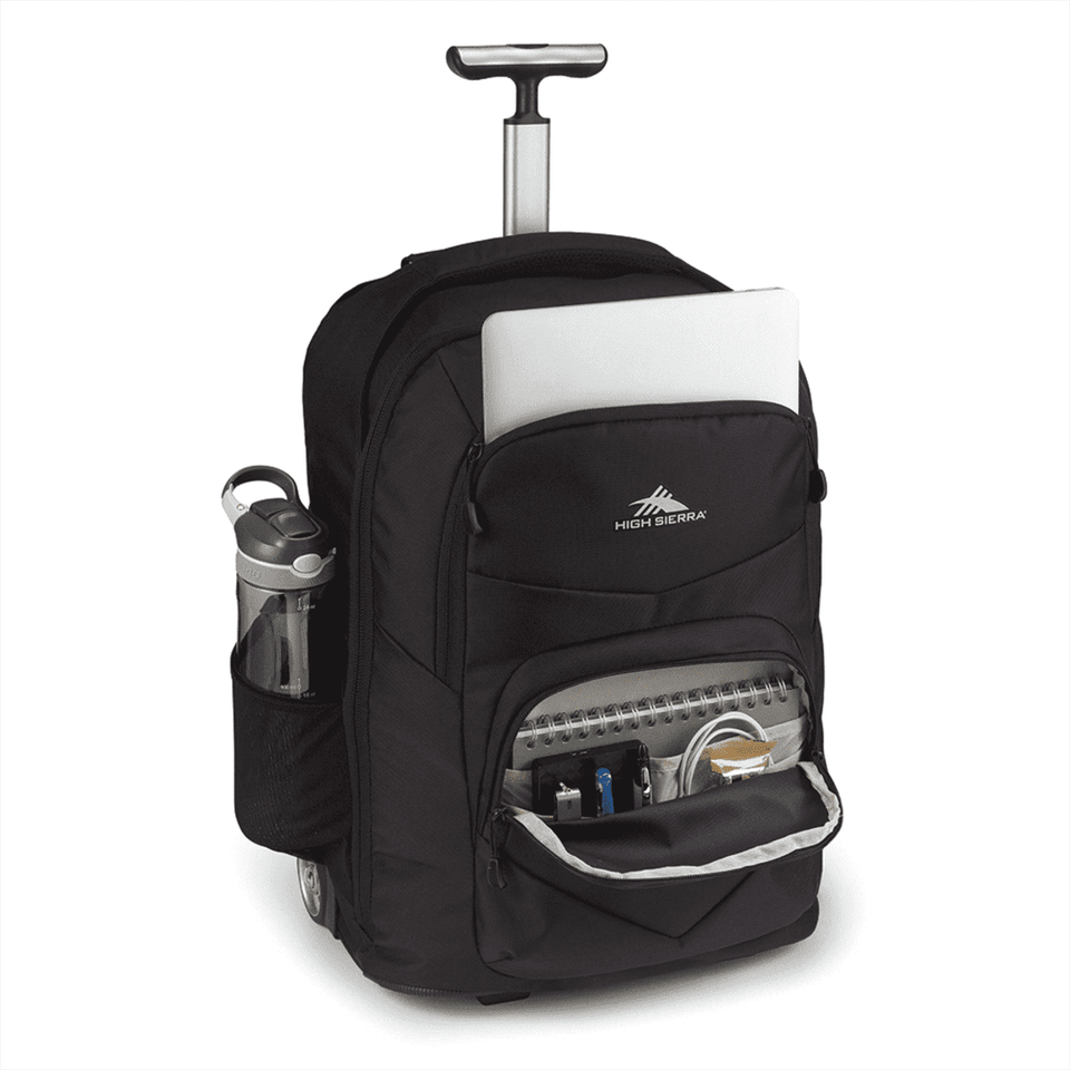 A black wheeled backpack with a retractable handle, featuring a water bottle pocket and various compartments for organisation.