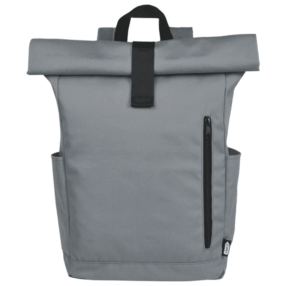 A grey roll-top backpack featuring side pockets and a front zipper pocket, with a logo on the side.