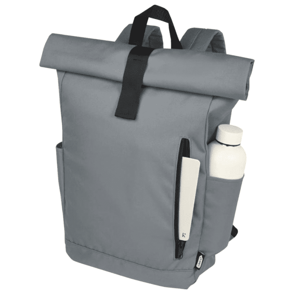 A grey roll-top backpack with a water bottle holder and a zipped pocket, featuring a logo on the front.