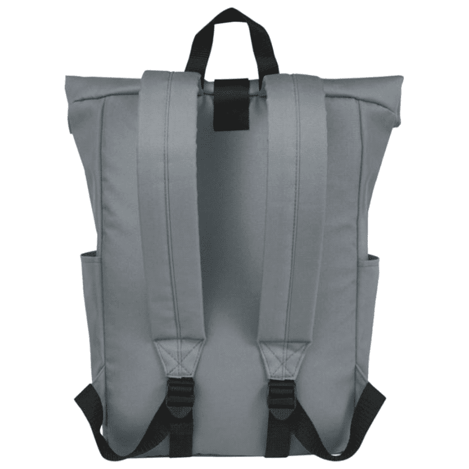 A grey roll-top backpack with adjustable straps and side pockets. It features branding on the front.