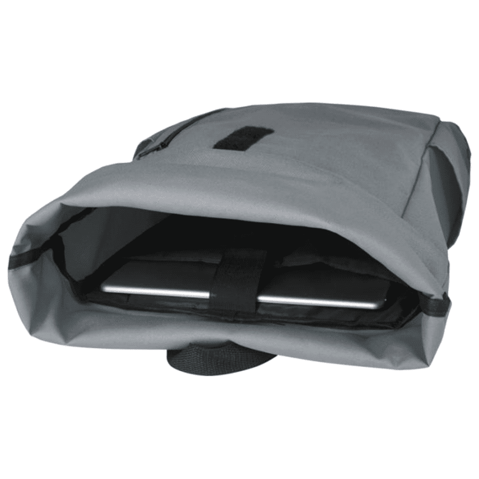 A grey roll-top backpack with an open top showcasing a secured laptop compartment inside. It features a branding logo.