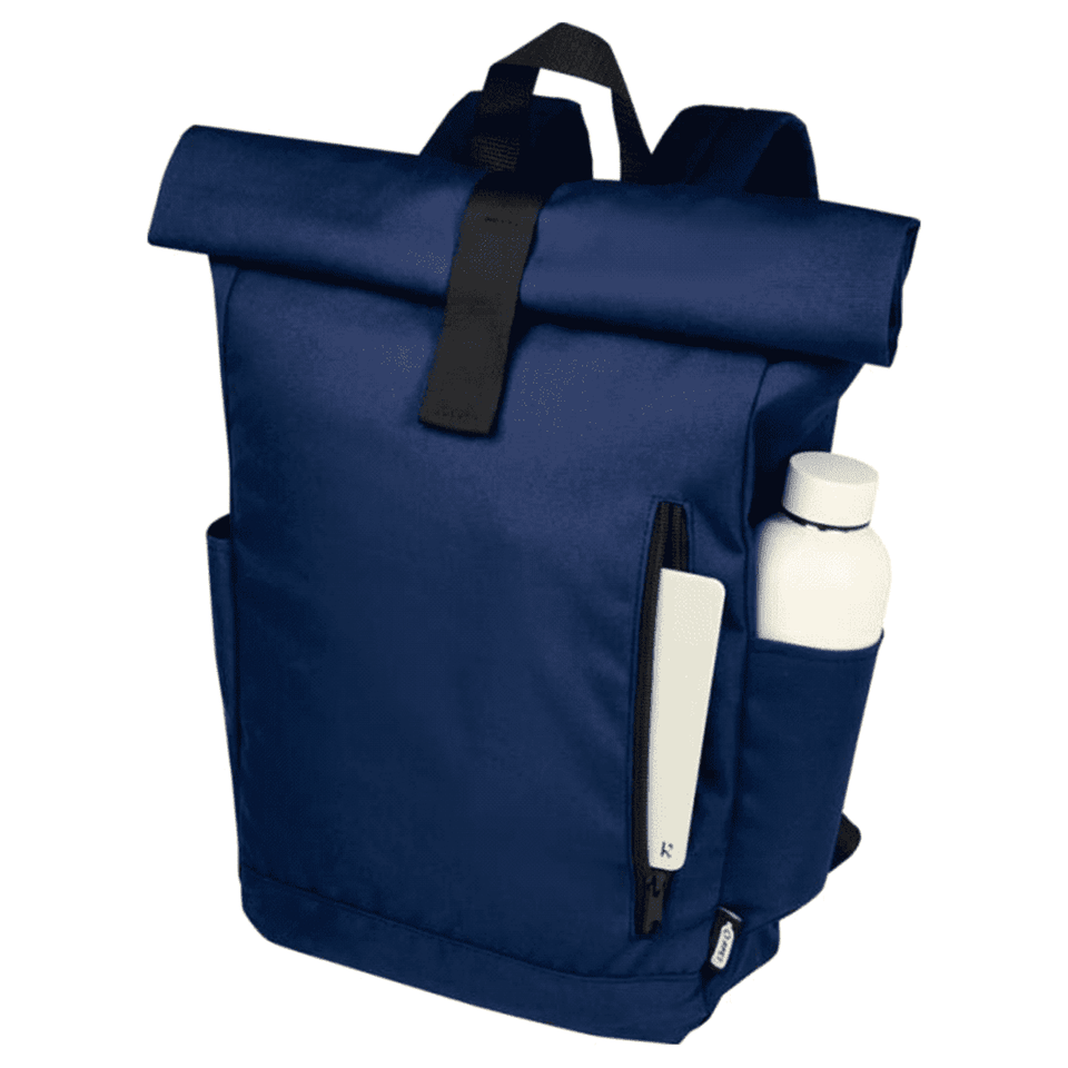A navy blue roll-top backpack with a side pocket for a drink bottle and a front zip pocket. Features a logo.