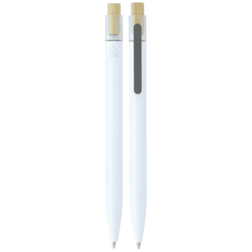 Recycled aluminium pen with bamboo clicker in white. Features a logo and sleek, minimalist design.