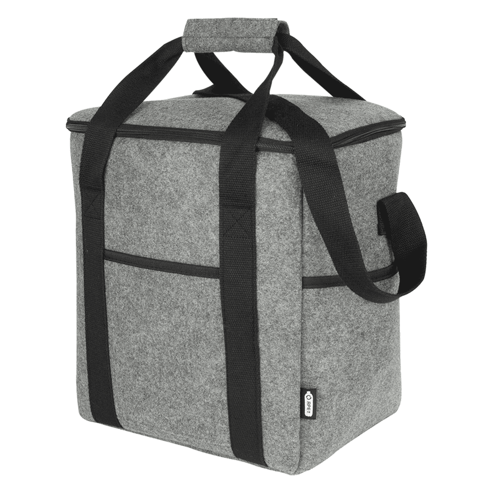 A grey felt cooler bag with black straps and handles, featuring two side pockets. It has a square shape and a lid.