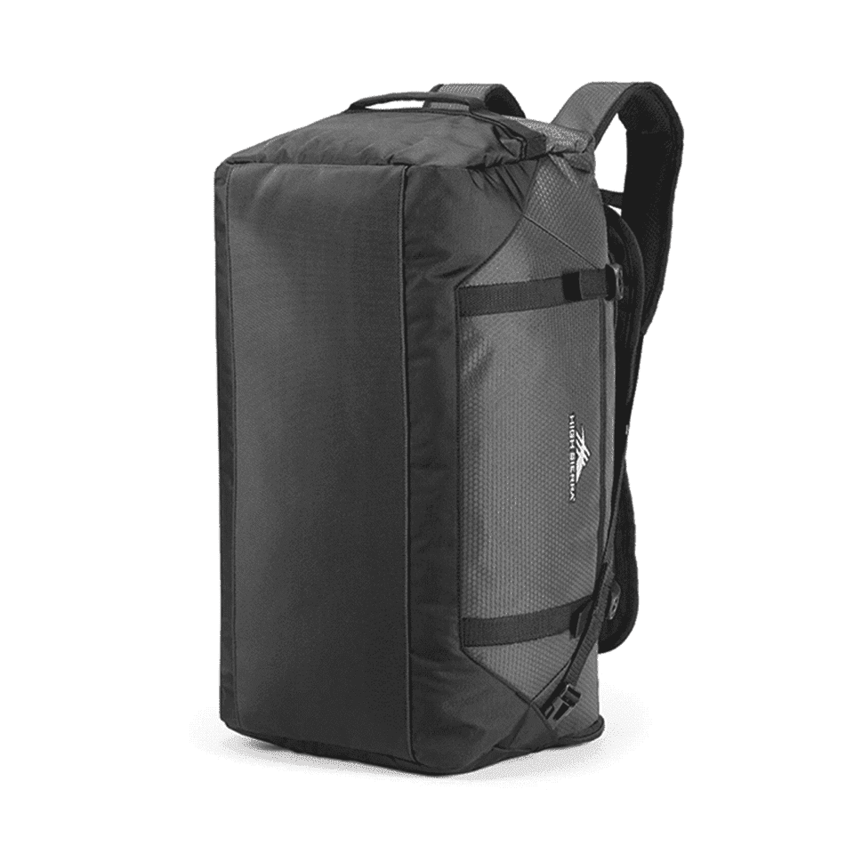 A black and grey duffel backpack with adjustable straps and a logo. Features a rectangular shape and durable material.