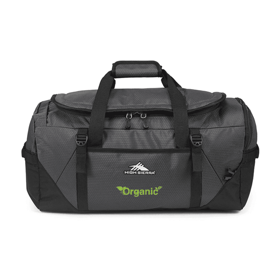 A duffel backpack in grey and black, featuring two handles and a logo. Suitable for travel and storage.