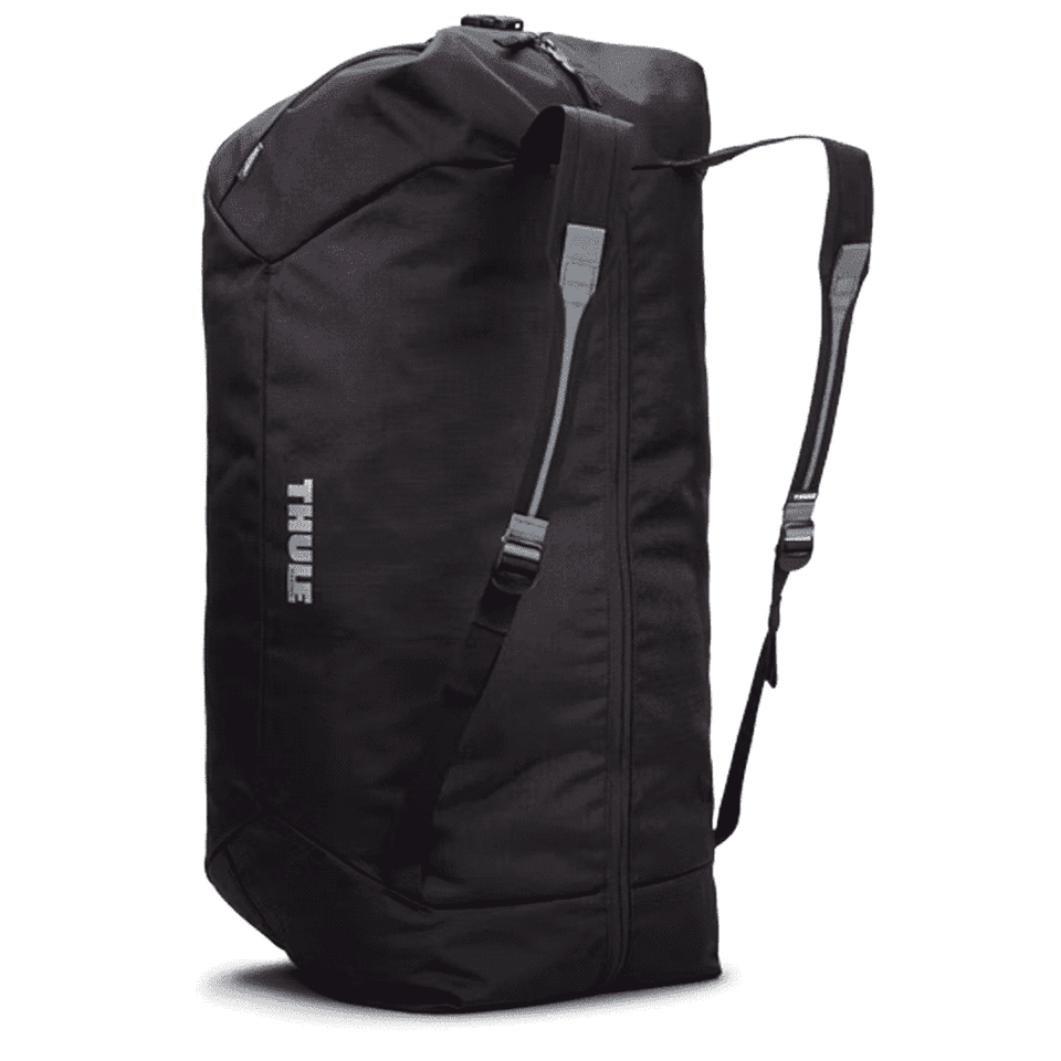 A black Thule GoPack 28 Cargo Duffel with mid blue accents and shoulder straps. Features a logo.