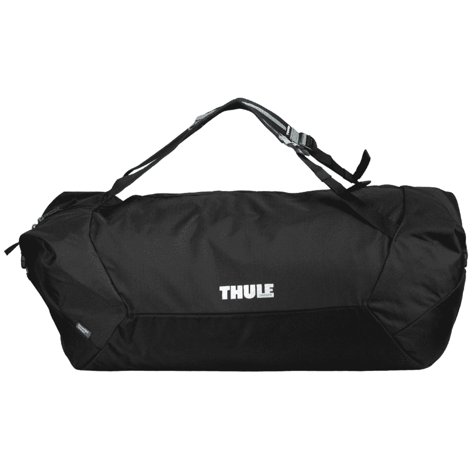 A black cargo duffel bag with mid blue accents and a branding logo on the front.