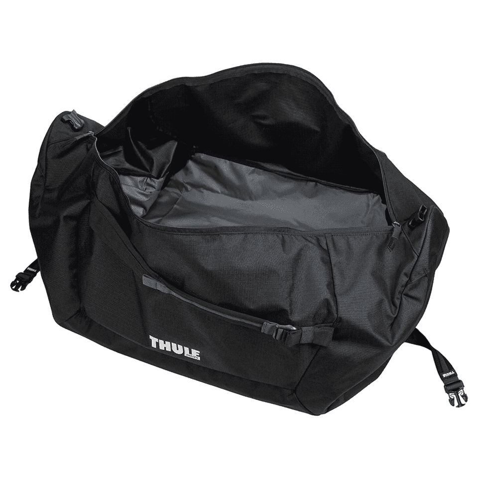 A duffel bag in black with a mid blue accent, featuring a spacious interior and a logo.
