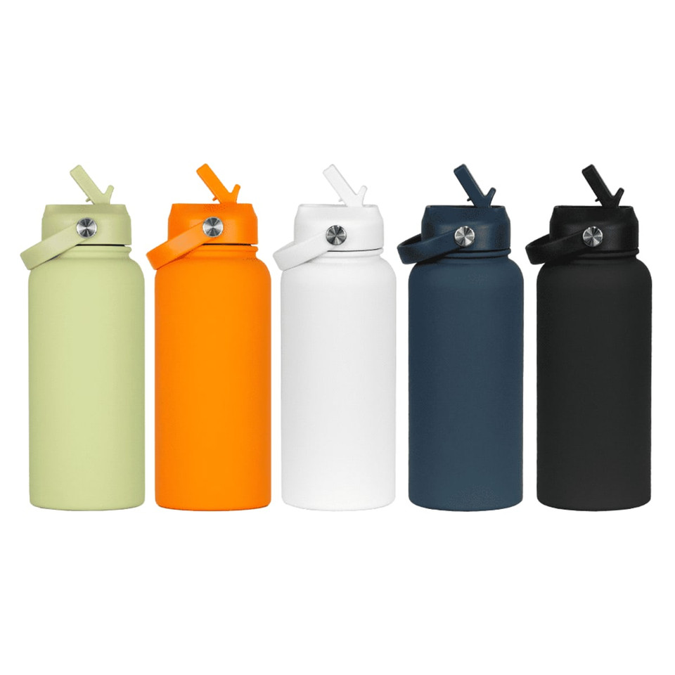 A drink bottle collection featuring five rubber-coated bottles in green, orange, white, navy, and black, each with a straw lid and a logo.